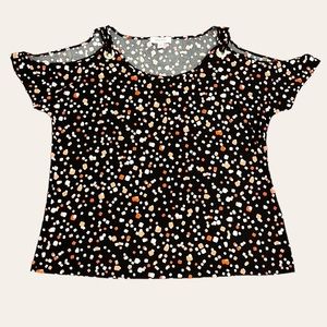 Nine West Cold Shoulder Black Pattern Short Sleeve Blouse